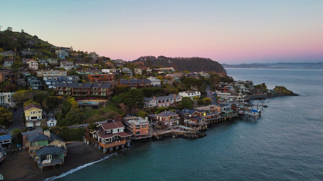 small coastal town at dusk